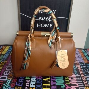 Viola Castellini Tan Leather Satchel with Scarf Accent